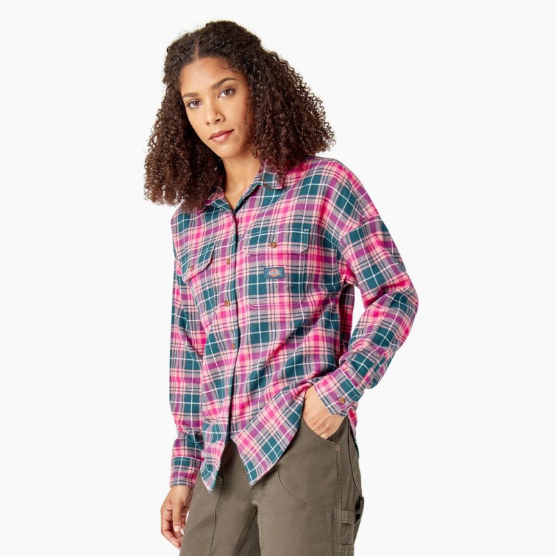 Pink Women's Dickies Long Sleeve Flannel Shirt | OXW264309