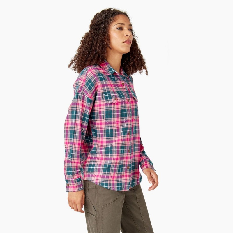 Pink Women's Dickies Long Sleeve Flannel Shirt | OXW264309