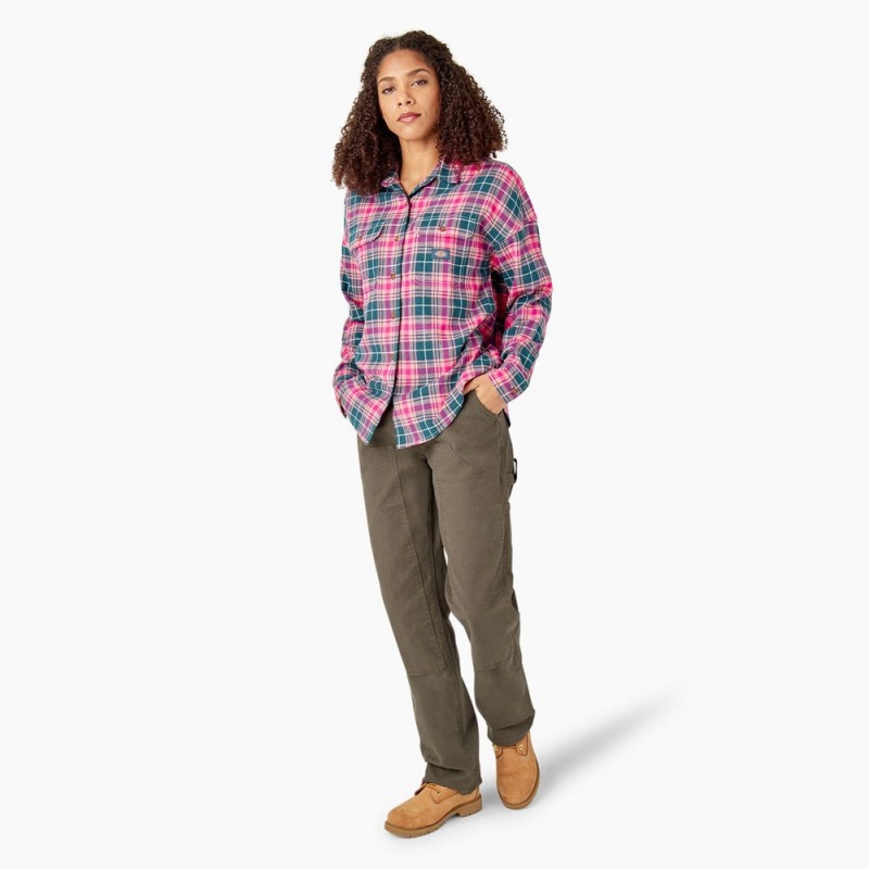 Pink Women's Dickies Long Sleeve Flannel Shirt | OXW264309