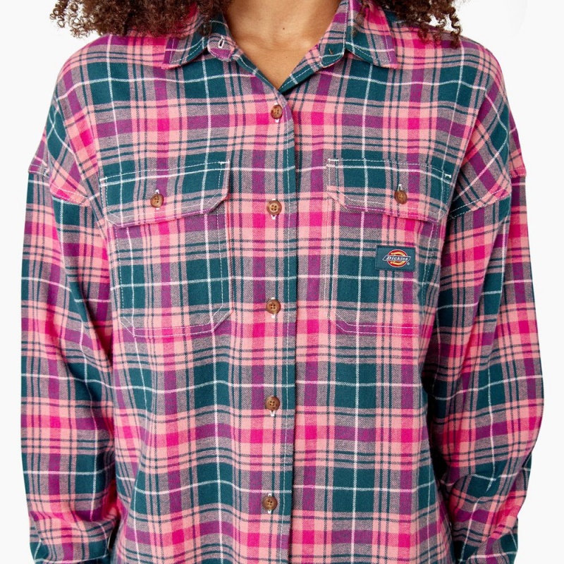 Pink Women's Dickies Long Sleeve Flannel Shirt | OXW264309