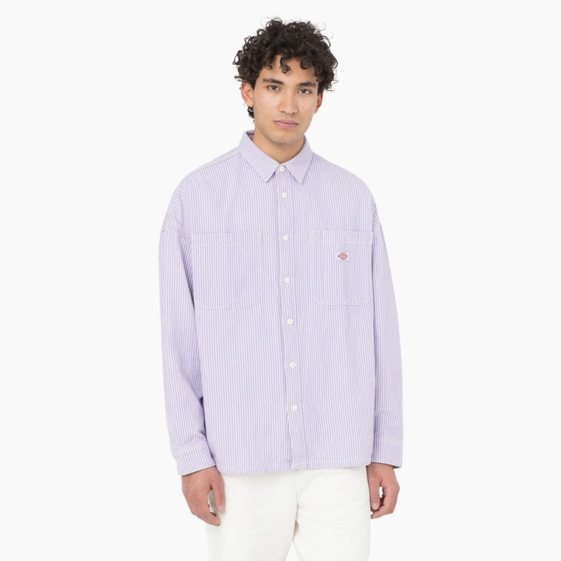 Purple Men\'s Dickies Hickory Stripe Long Sleeve Work Shirts | QTZ103495