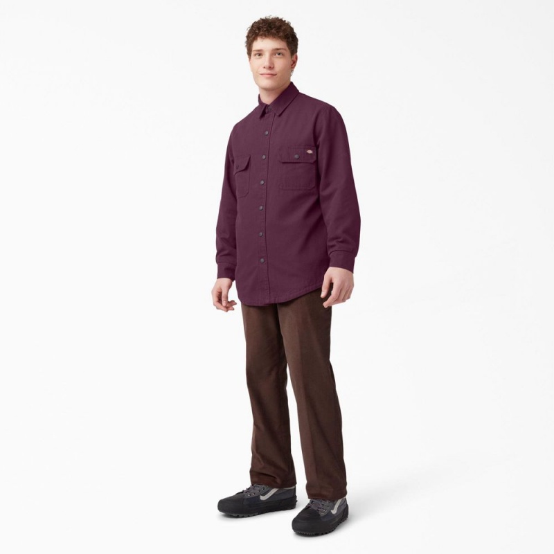 Purple Men's Dickies Long Sleeve Flannel-Lined Duck Shirt | KVO684059