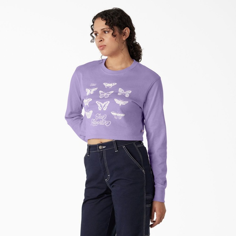 Purple Women's Dickies Butterfly Graphic Long Sleeve Cropped T-Shirt | IDG578401