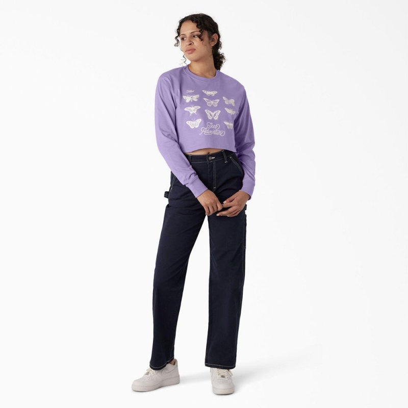 Purple Women's Dickies Butterfly Graphic Long Sleeve Cropped T-Shirt | IDG578401