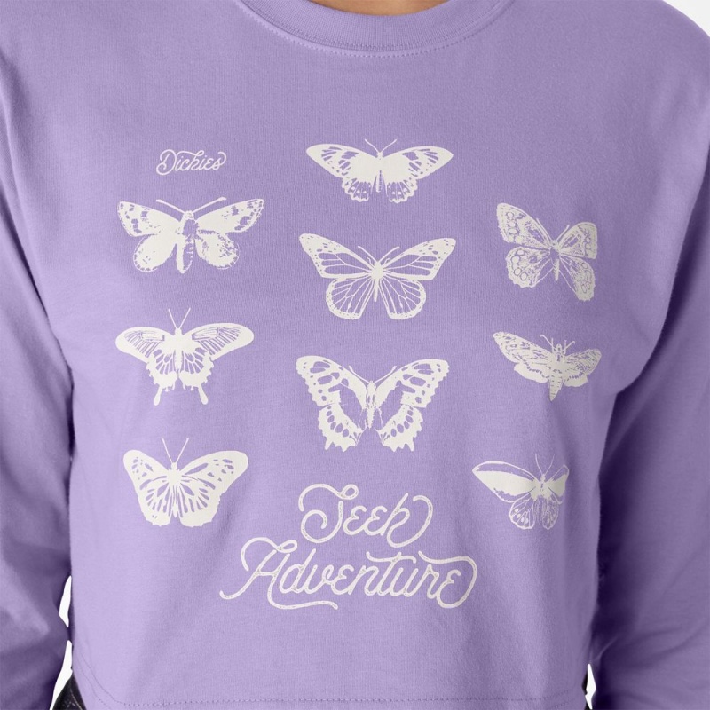 Purple Women's Dickies Butterfly Graphic Long Sleeve Cropped T-Shirt | IDG578401