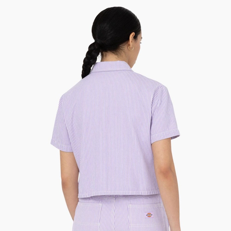 Purple Women's Dickies Hickory Stripe Cropped Work Shirts | WMR159876