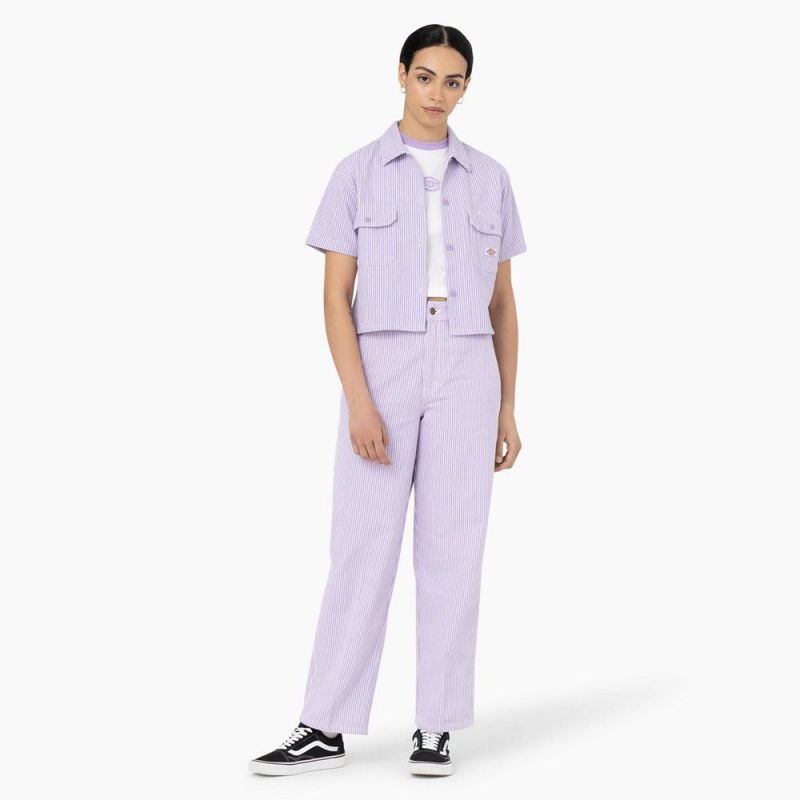 Purple Women's Dickies Hickory Stripe Cropped Work Shirts | WMR159876