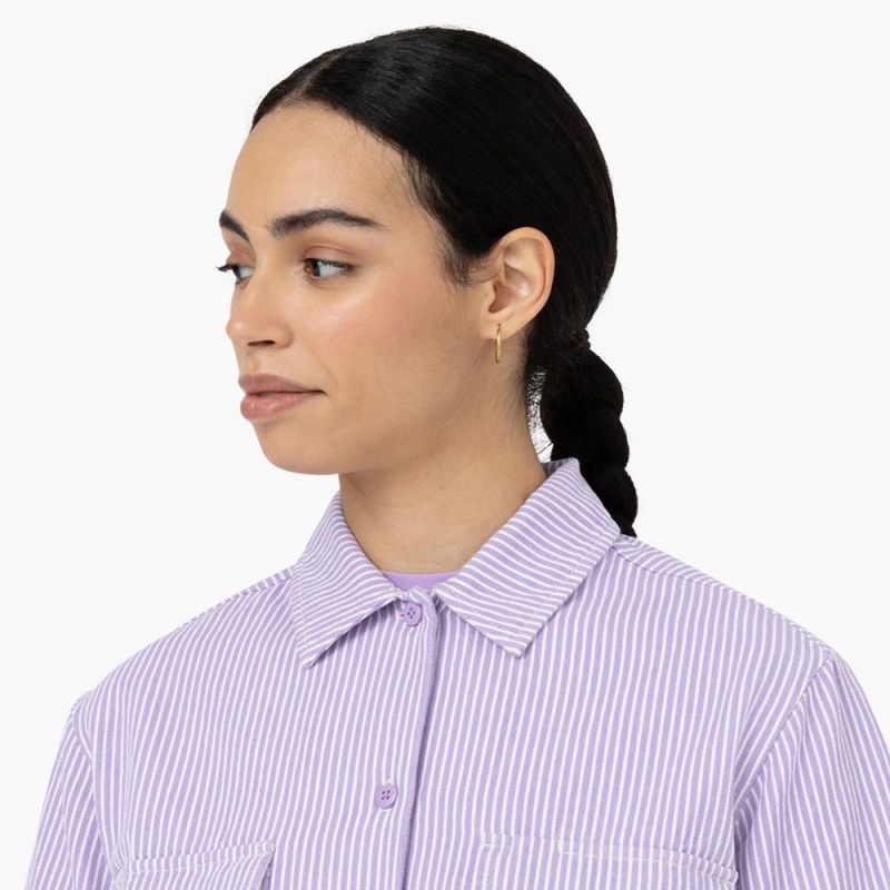 Purple Women's Dickies Hickory Stripe Cropped Work Shirts | WMR159876