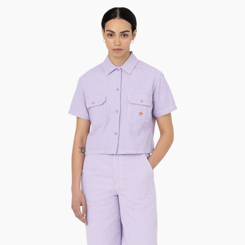 Purple Women\'s Dickies Hickory Stripe Cropped Work Shirts | WMR159876