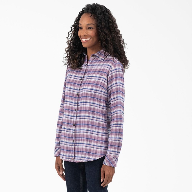 Purple Women's Dickies Plaid Flannel Long Sleeve Shirt | GXO751469