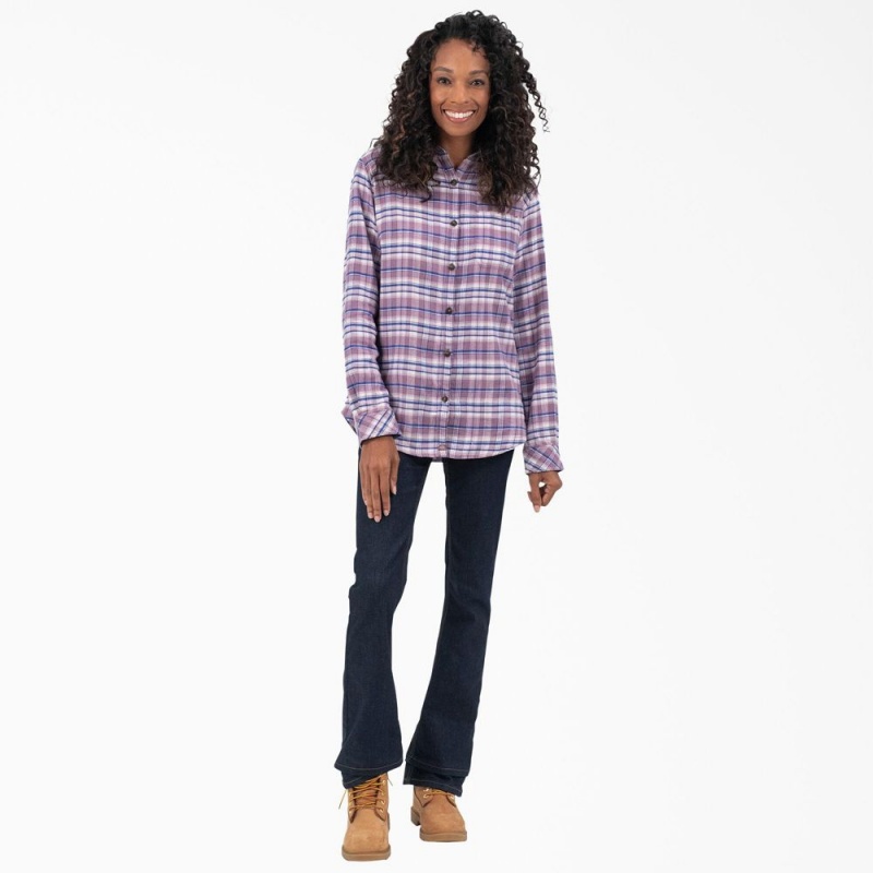 Purple Women's Dickies Plaid Flannel Long Sleeve Shirt | GXO751469