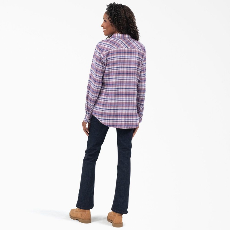 Purple Women's Dickies Plaid Flannel Long Sleeve Shirt | GXO751469