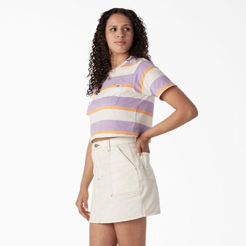 Purple Women's Dickies Striped Cropped Pocket T-Shirt | HMG810596