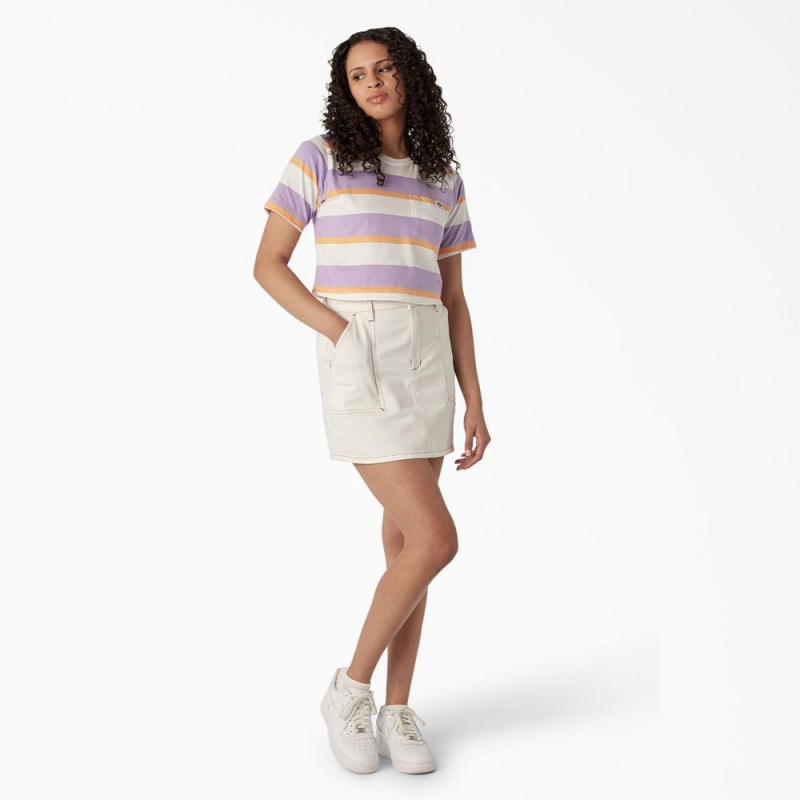 Purple Women's Dickies Striped Cropped Pocket T-Shirt | HMG810596