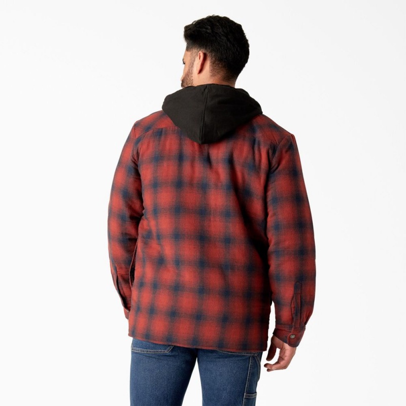 Red Men's Dickies Flannel Hooded Shirt Jacket | SBU839601