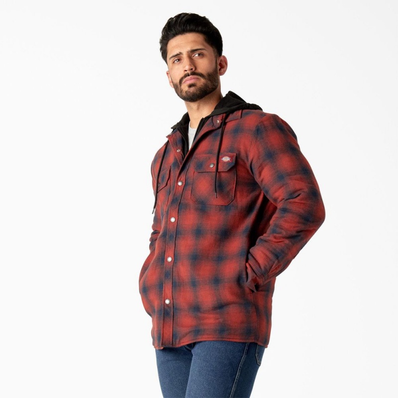 Red Men's Dickies Flannel Hooded Shirt Jacket | SBU839601