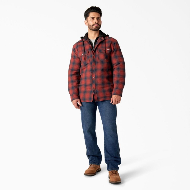 Red Men's Dickies Flannel Hooded Shirt Jacket | SBU839601