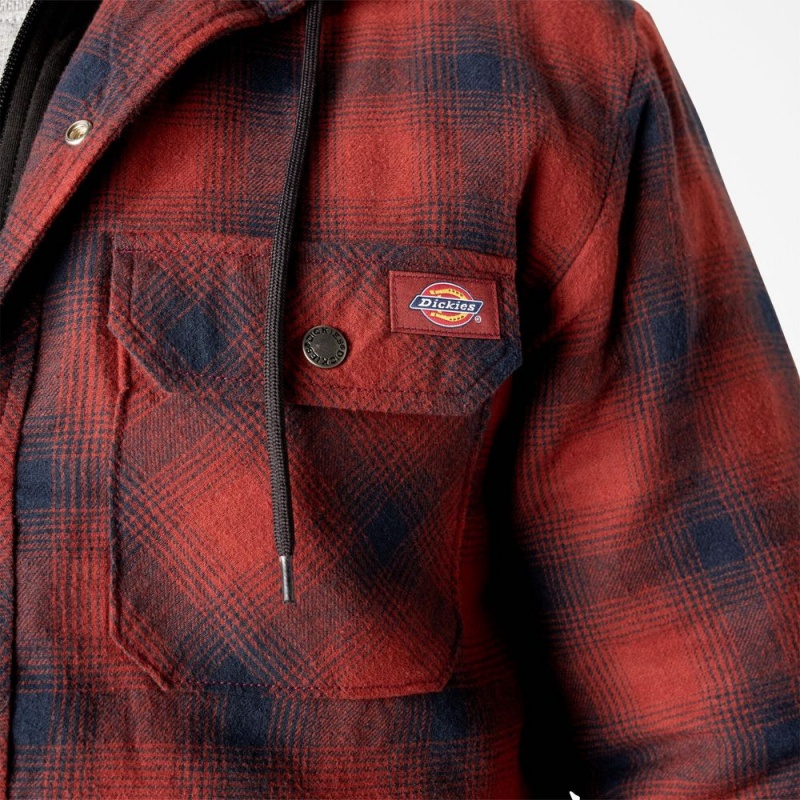 Red Men's Dickies Flannel Hooded Shirt Jacket | SBU839601