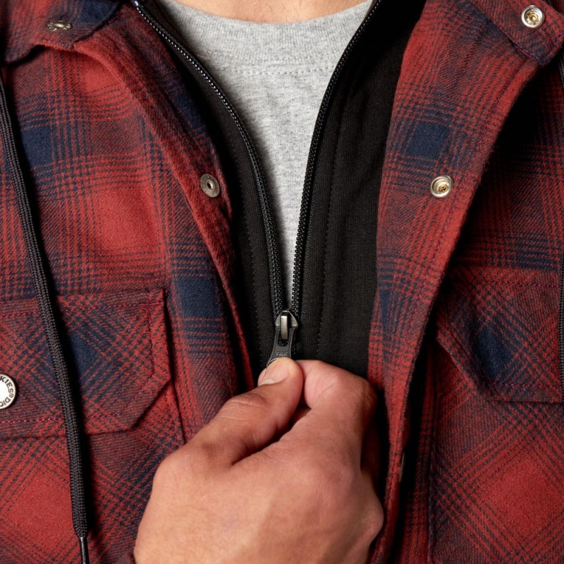 Red Men's Dickies Flannel Hooded Shirt Jacket | SBU839601