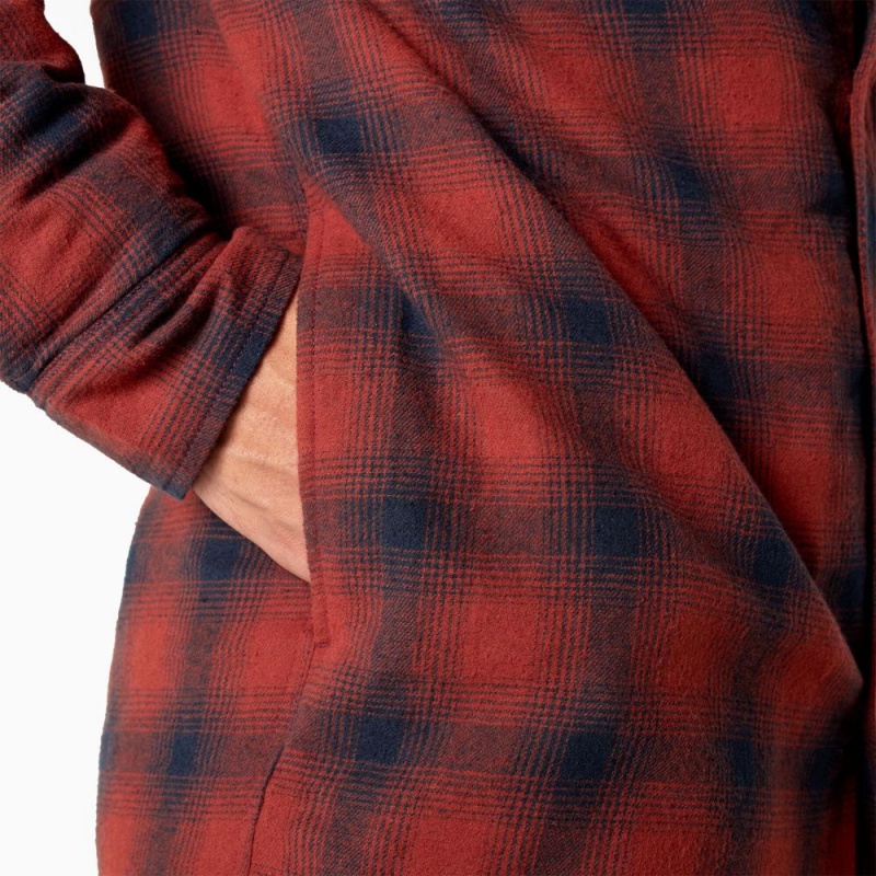 Red Men's Dickies Flannel Hooded Shirt Jacket | SBU839601