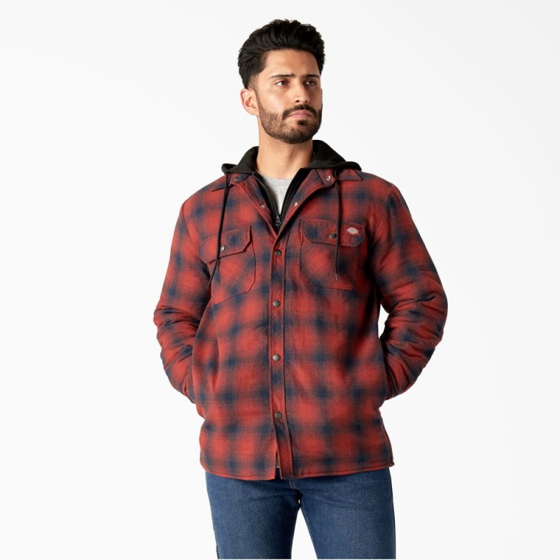 Red Men\'s Dickies Flannel Hooded Shirt Jacket | SBU839601