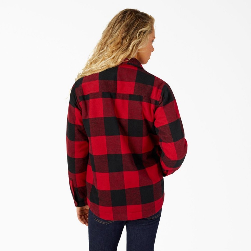 Red Women's Dickies Flannel High Pile Fleece Lined Chore Coat Jacket | RPL920735