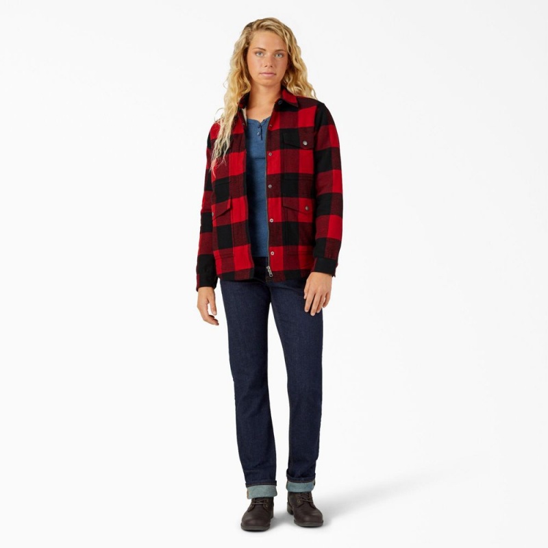 Red Women's Dickies Flannel High Pile Fleece Lined Chore Coat Jacket | RPL920735