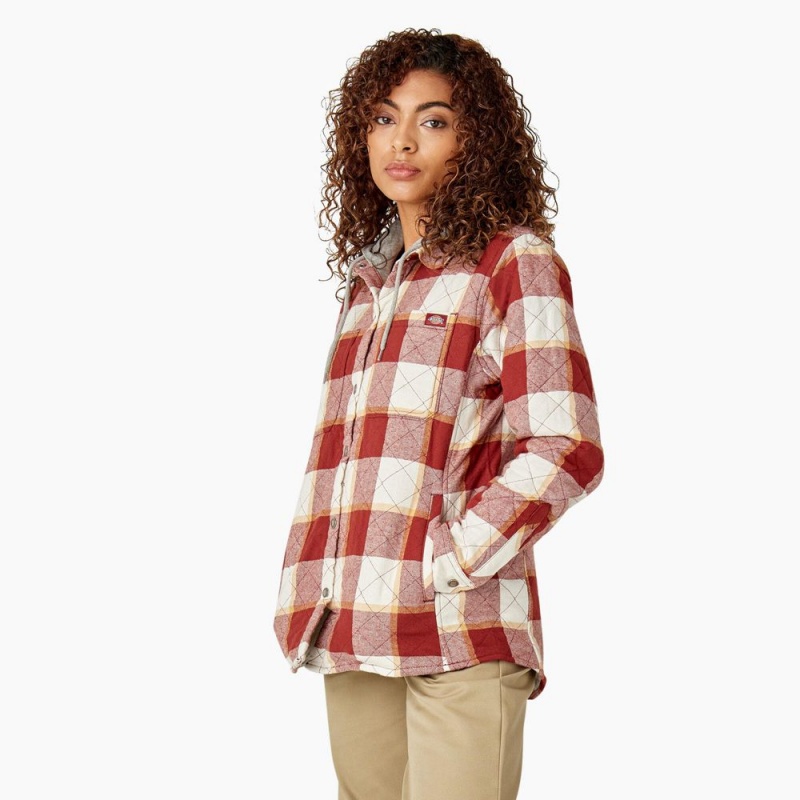 Red Women's Dickies Flannel Hooded Shirt Jacket | ZIL765309