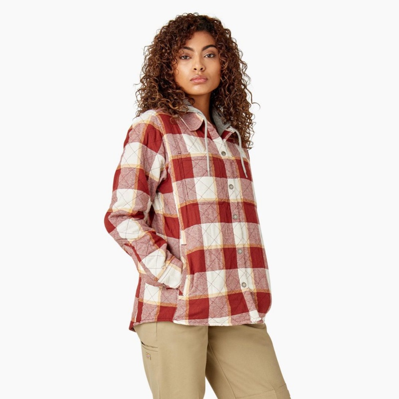 Red Women's Dickies Flannel Hooded Shirt Jacket | ZIL765309