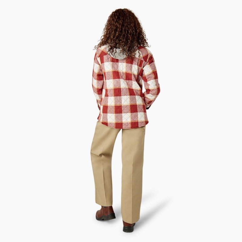 Red Women's Dickies Flannel Hooded Shirt Jacket | ZIL765309