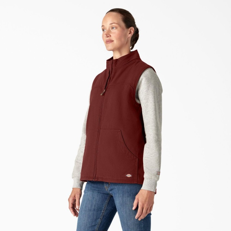 Red Women's Dickies Fleece Lined Duck Canvas Vest | CFZ513290