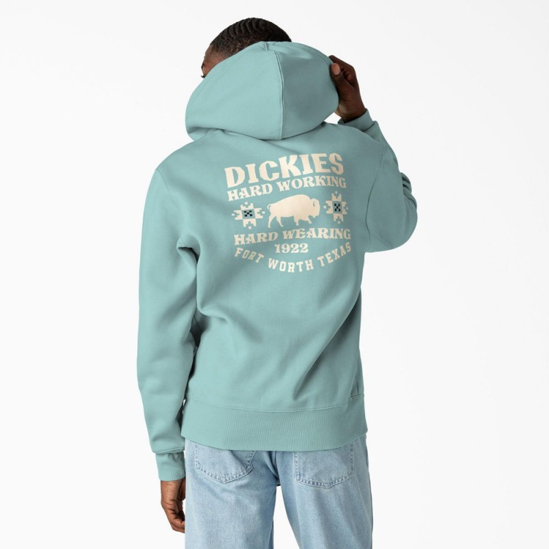 Turquoise Men\'s Dickies Hays Graphic Hoodie | WUX509783