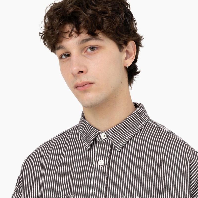 White Men's Dickies Hickory Stripe Long Sleeve Work Shirts | XGD410689