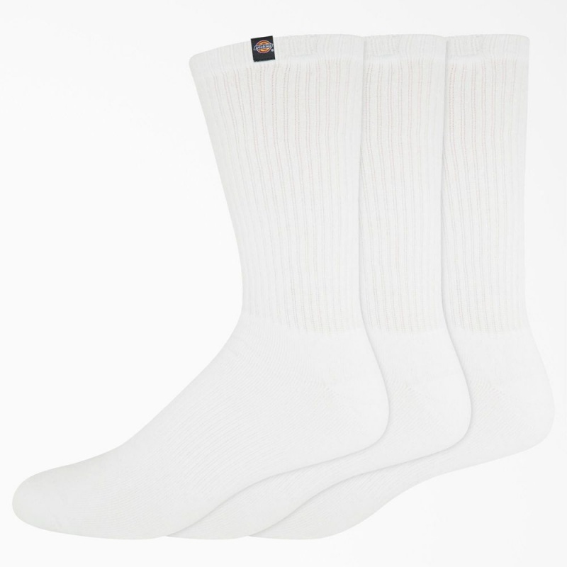 White Men\'s Dickies Label Crew 3-Pack Socks | GOR097823