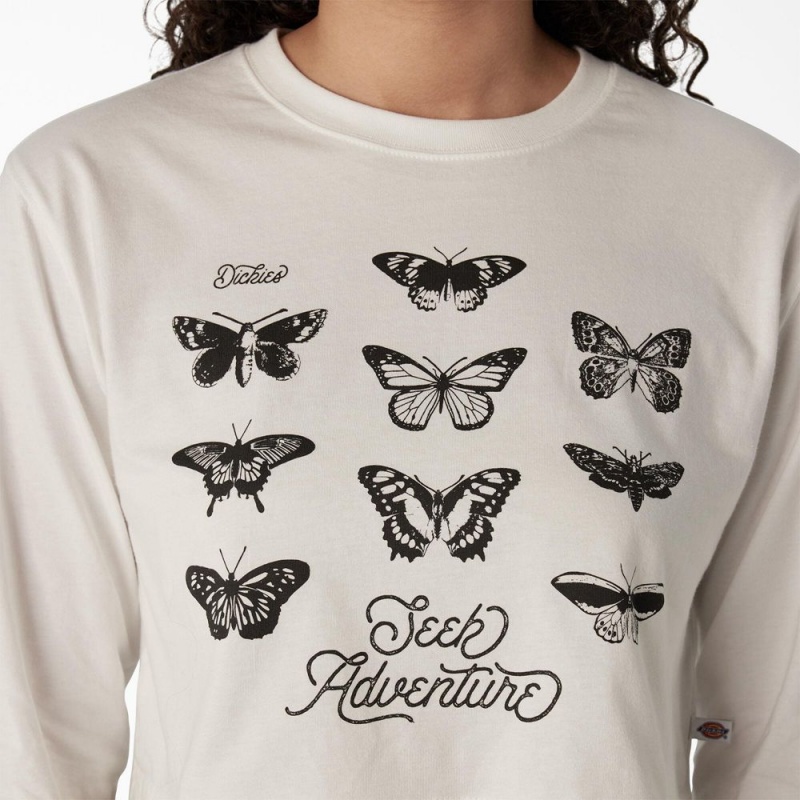 White Women's Dickies Butterfly Graphic Long Sleeve Cropped T-Shirt | LFX213074