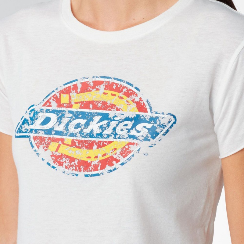 White Women's Dickies Distressed Logo Cropped T-Shirt | VEF846015