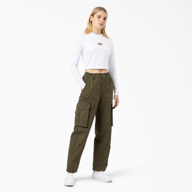 White Women's Dickies Maple Valley Logo Long Sleeve Cropped T-Shirt | ETB038562