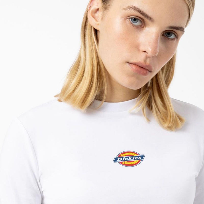 White Women's Dickies Maple Valley Logo Long Sleeve Cropped T-Shirt | ETB038562