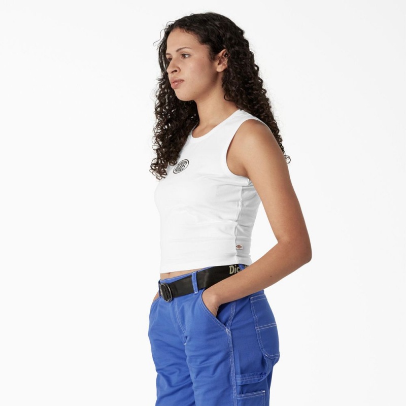 White Women's Dickies Racerback Cropped Tank Top | JHM937061