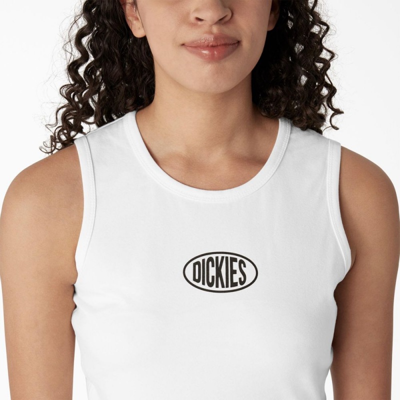 White Women's Dickies Racerback Cropped Tank Top | JHM937061