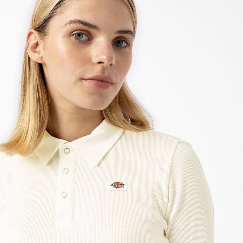 White Women's Dickies Tallasee Long Sleeve Cropped Polo Shirt | UJX948601