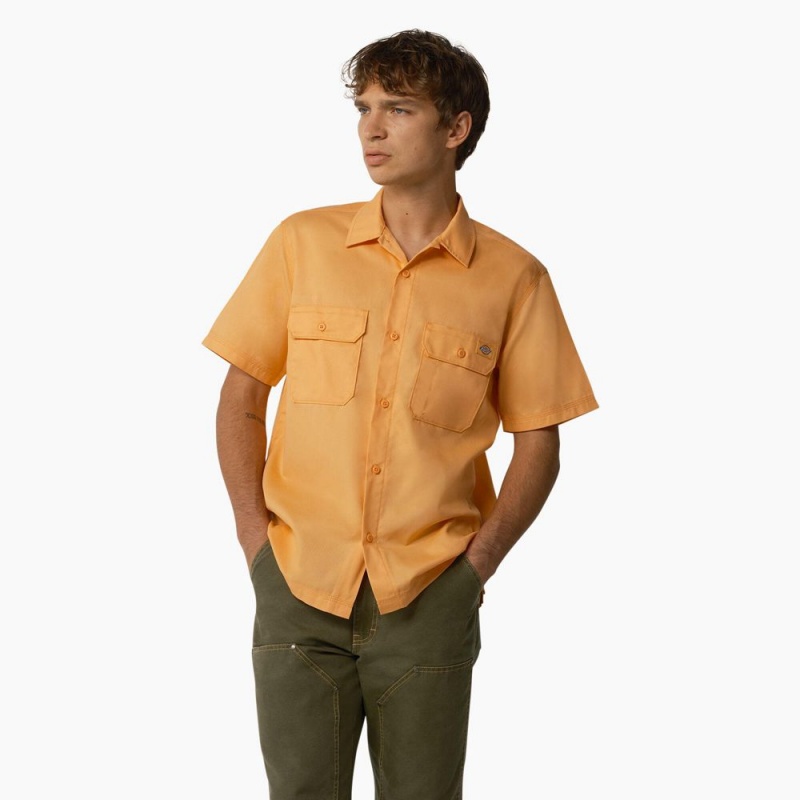 Yellow Men\'s Dickies Madras Short Sleeve Work Shirts | SMX629305