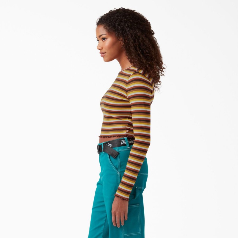 Yellow Women's Dickies Striped Long Sleeve Cropped T-Shirt | ZCA648071