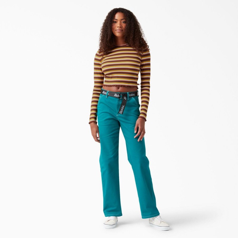 Yellow Women's Dickies Striped Long Sleeve Cropped T-Shirt | ZCA648071